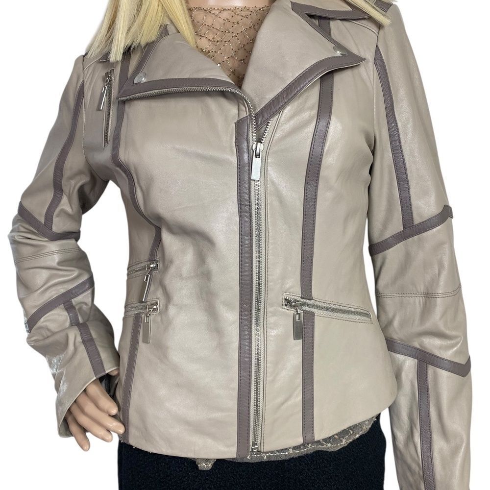 Bebe retro Leather jacket beige /taupe lots of details - Picture 5 of 16